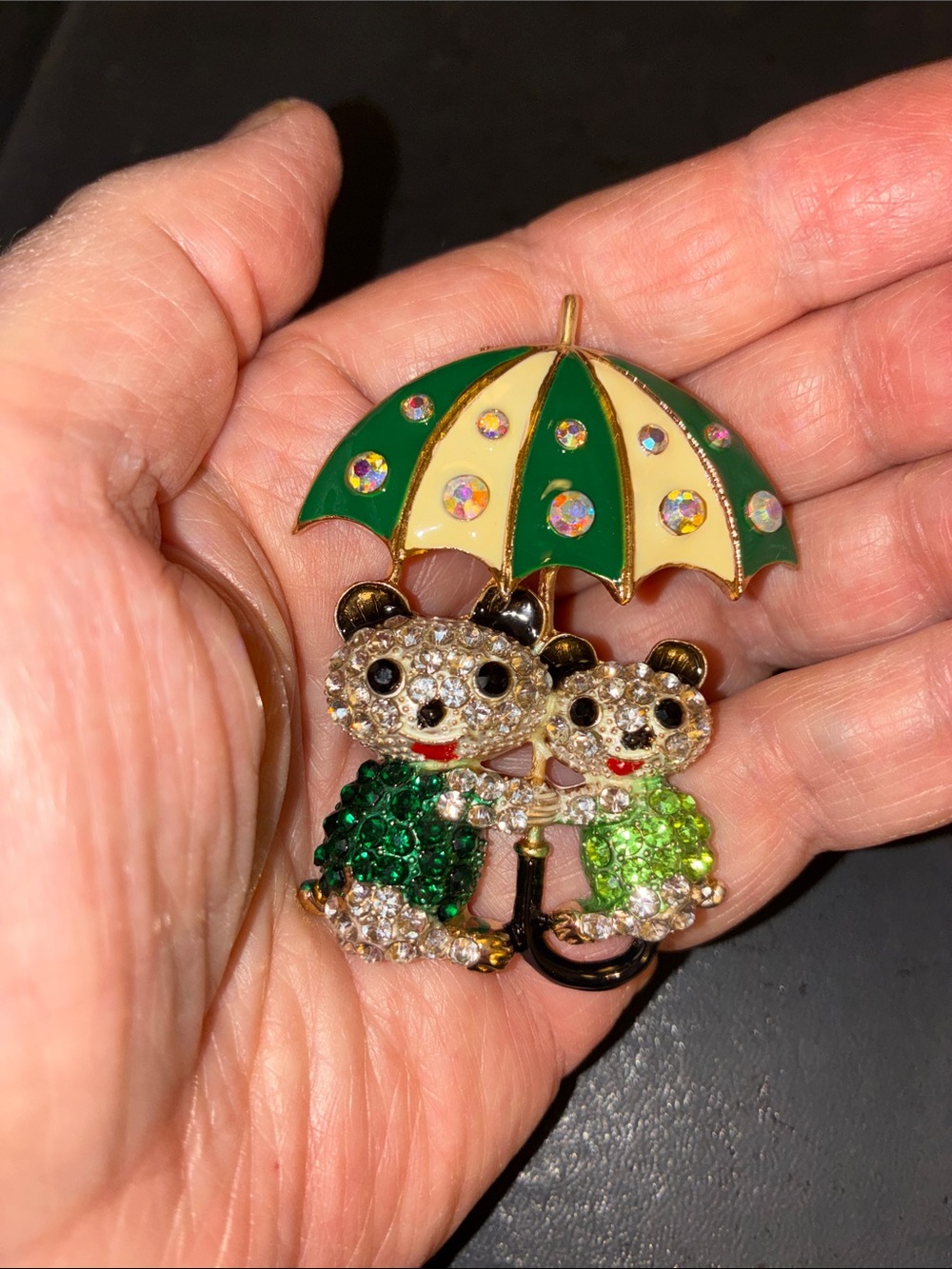 Green Crystal Bear Brooch with Green and Cream Umbrella